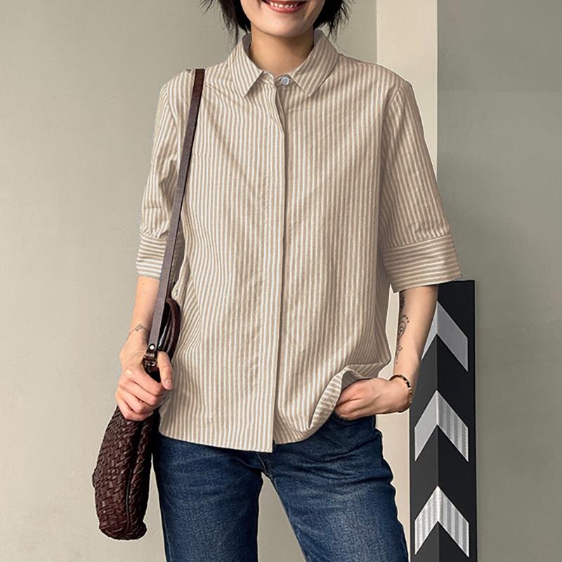 ZANZEA Women Casual Turn Down Collar Loose 3/4 Sleeve Stripe Blouse