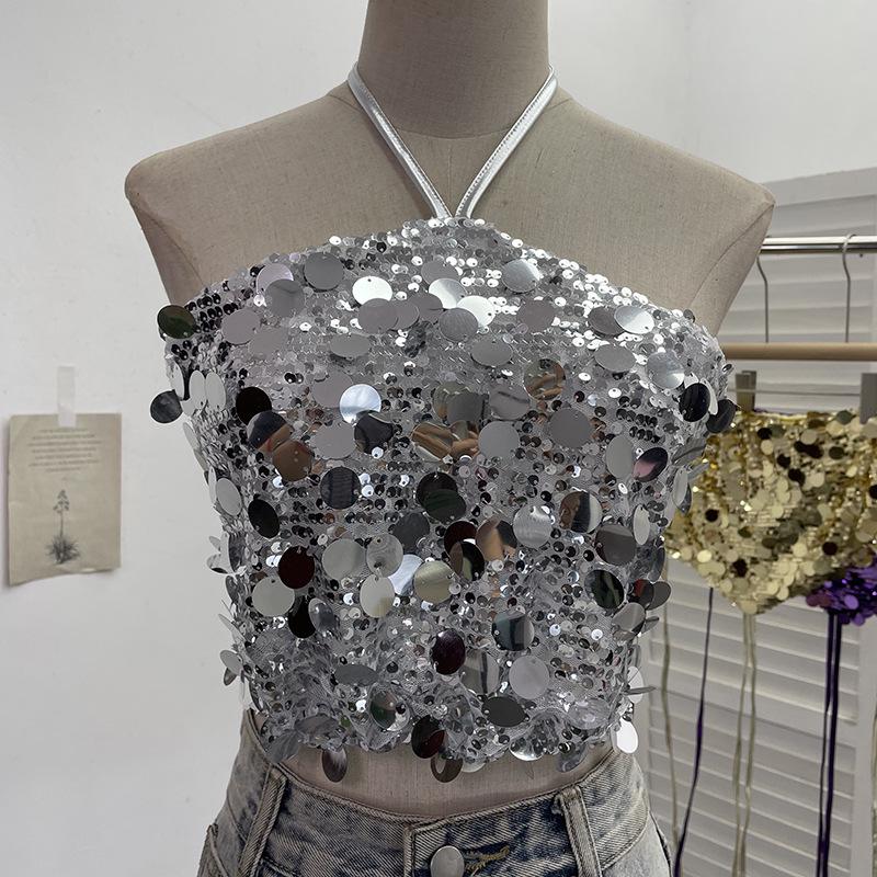 Halter Crop Top with Sequins and Open Back (Style 1083)