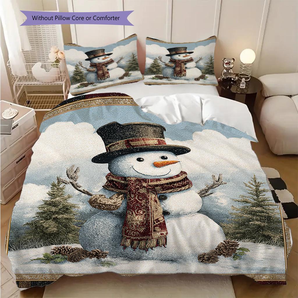 Snowman Pattern Bedding Quilt Set Quilt Cover Pillowcase Home Decoration Birthday Gift (1 * Duvet Cover + 2 * Pillowcase, Without Core)
