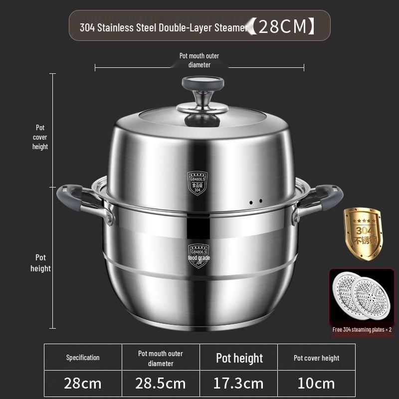Large Capacity 304 Stainless Steel Steamer Pot with Thickened Multi-Layer Steaming Baskets for Household Use