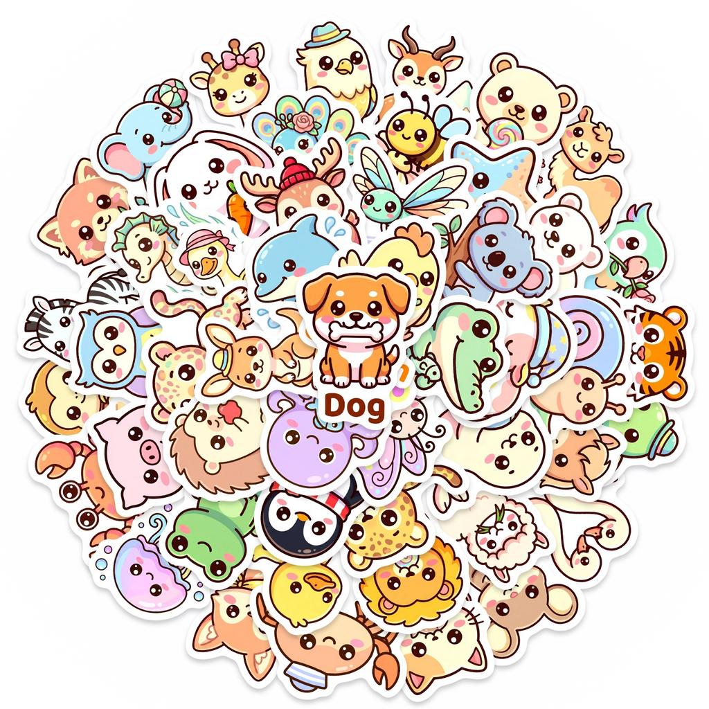 50 Cute Cartoon Animal Stickers Children'S Hand Account Decoration Waterproof Stationery Stickers Creative Stickers Small Fresh