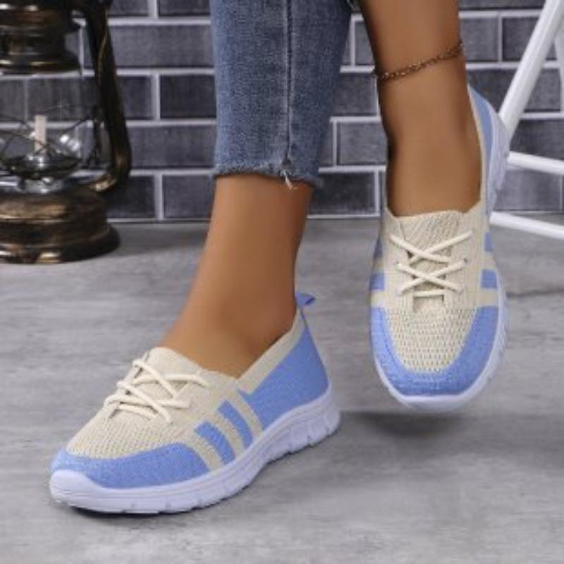 New large size women's flying woven sports shoes flat bottom round head lace-up color matching fashion lazy shoes women's single shoes