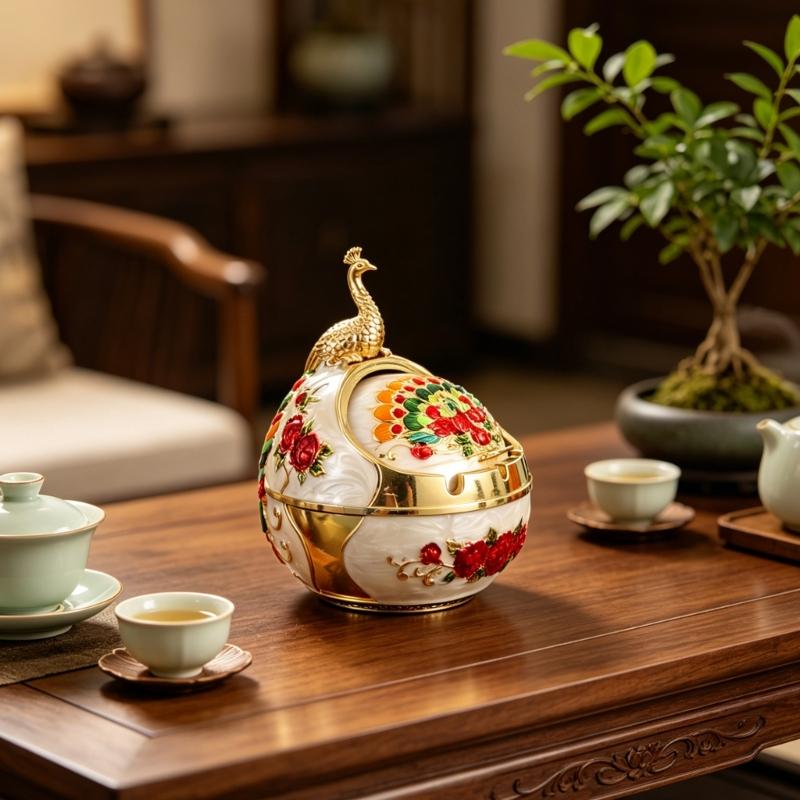 Home Office Ashtray with Covered Opening and Metal Body, Enclosed Bowl Design for Desk Balcony and Patio Use Daily