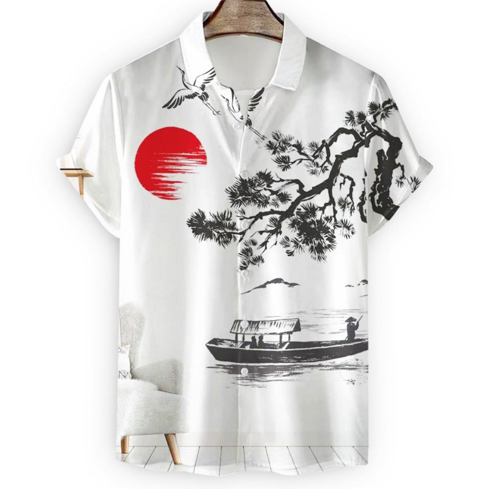 Japanese Flower Bird Print Fashion Men's Shirt Hawaiian Blouse Casual Loose Breathable Short Sleeve Outdoor Street Men's Clothes