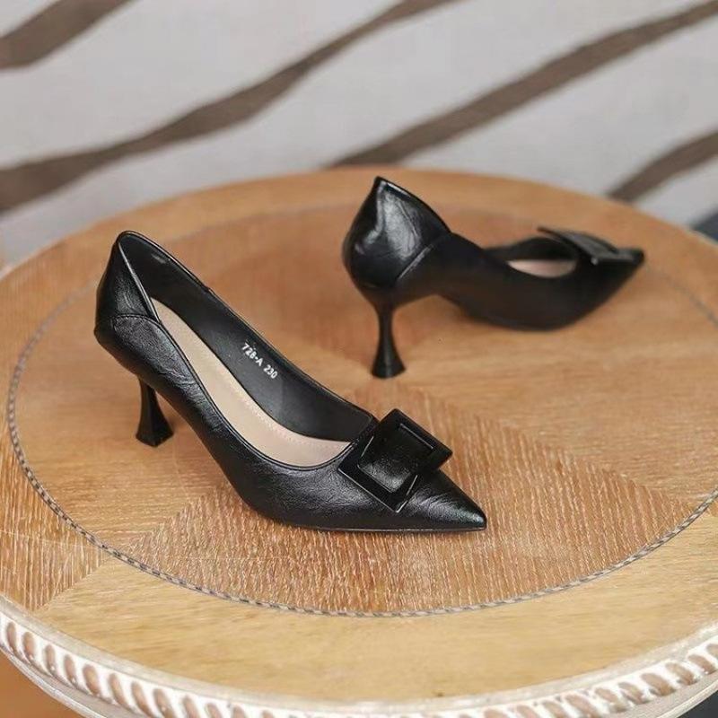 Soft leather temperament high heels women's thin heels 2025 spring and autumn new French single shoes women's shoes shallow mouth pointed middle heel