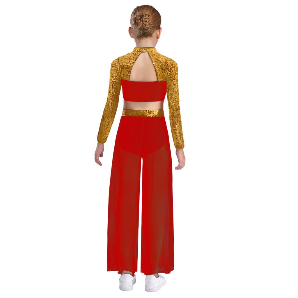 Kids Girls Dance Costume Two-Piece Set Mock Neck Long-Sleeved Sequins Cutout Back Press Button Crop Top with Flowing Chiffon Overlay Wide-Leg Side Sli