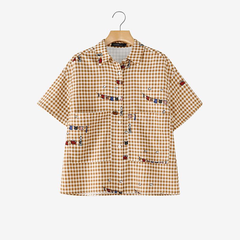 ZANZEA Women Casual Turn Down Collar Loose Short Sleeve Plaid Print Blouse