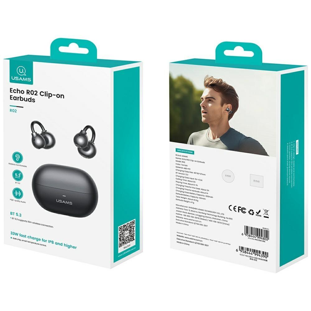 USAMS Echo R02 Clip-on Wireless Bluetooth Headphones Gray