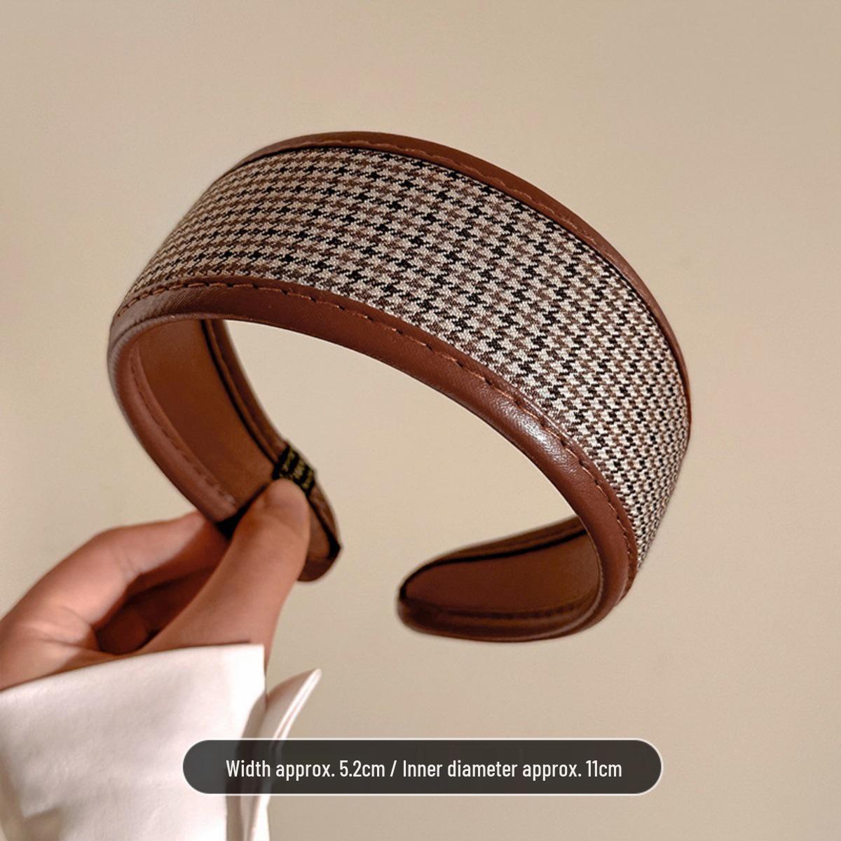Korean Style Plaid Leather Wide Headband - High-End Skull Top Hair Clip Headwear.