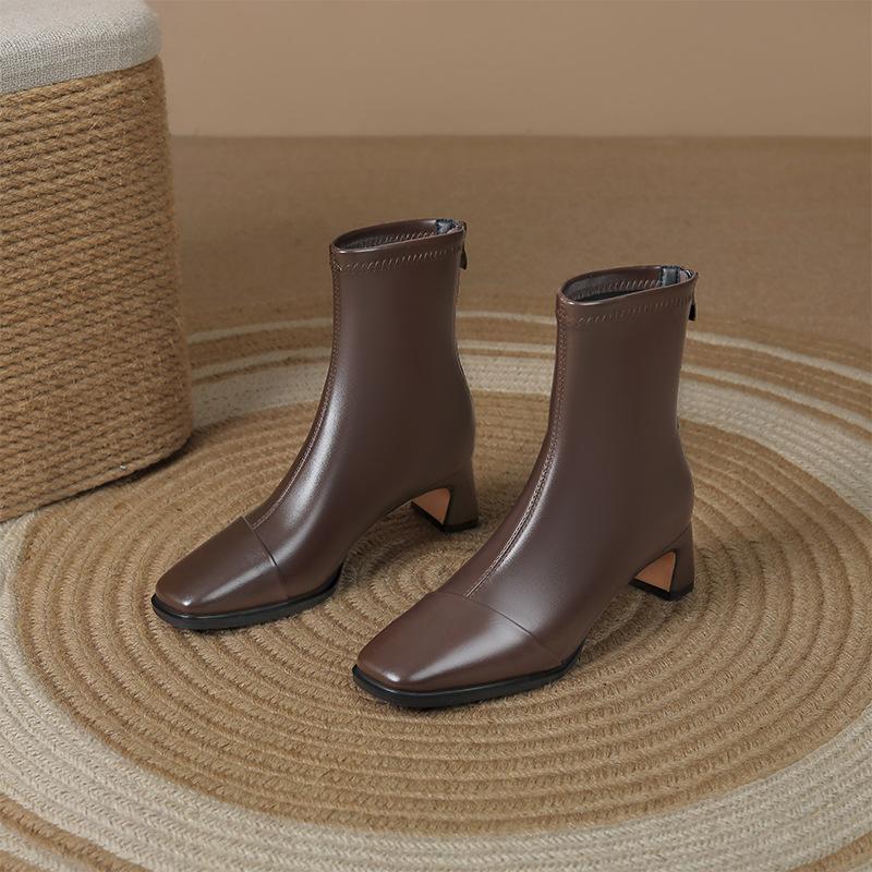 832-2 square head thick heel single boots rear zipper Martin boots 2025 autumn and winter new high heel versatile short boots bare boots