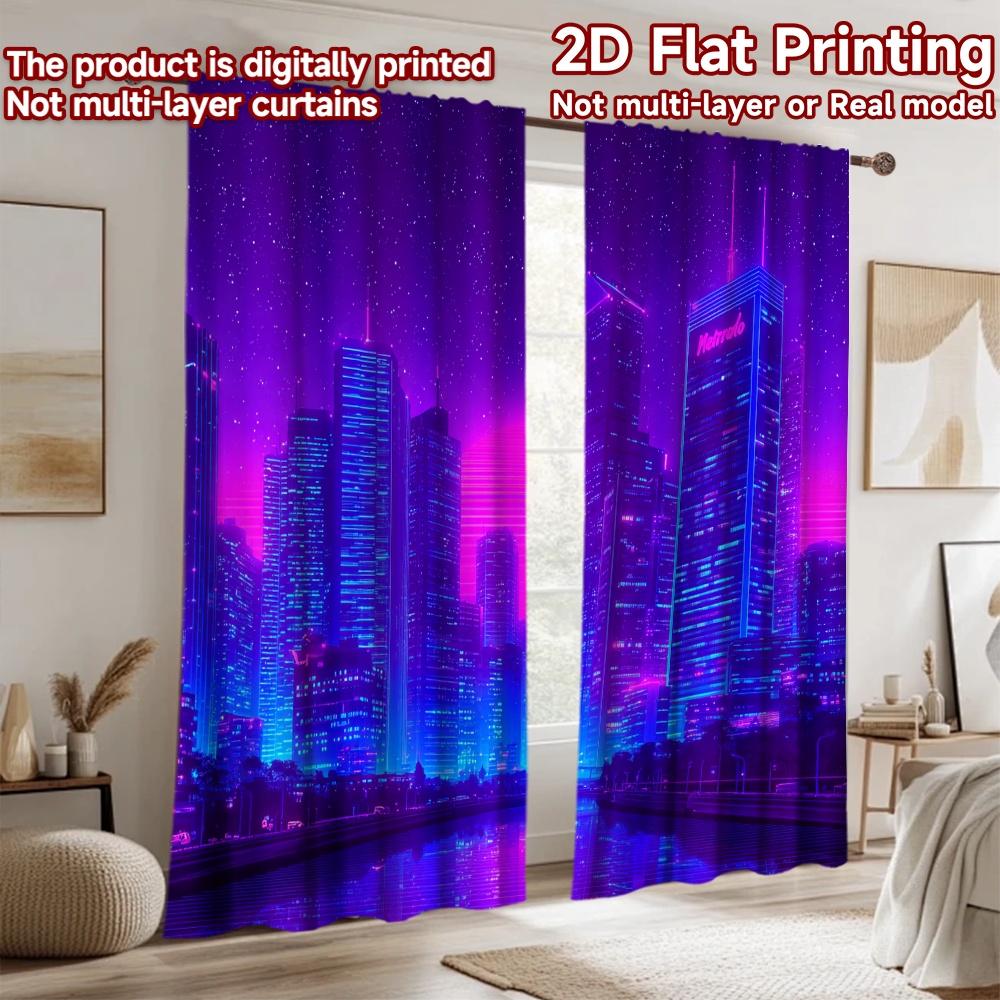 2D flat printing 2pcs Drapes Cyberpunk Cityscape Neon Glow Digital Printed Polyester Drapes Festive Wall Decor for Booths Studio