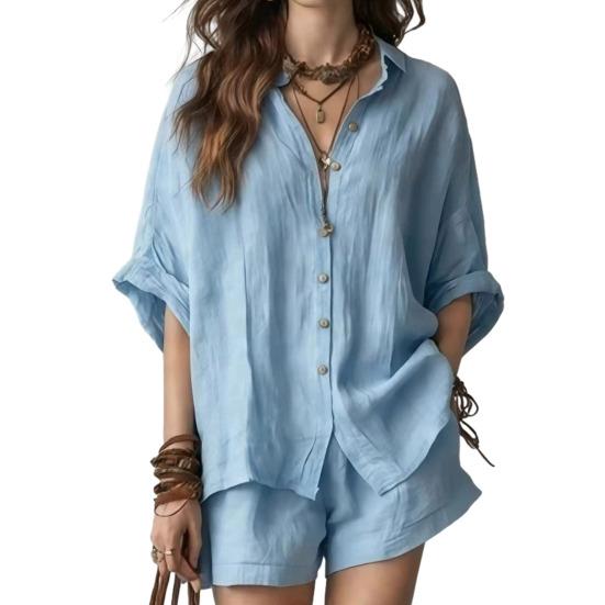 Women Summer Two Piece Outfit Casual Short Sleeve Button Down Shirt And Shorts Casual Lounge Sets with Pockets