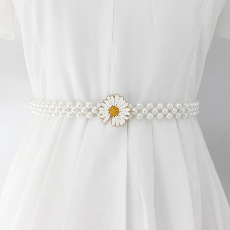 Korean Version of Women's Rhinestone Pearl Waist Chain Fashion Dress Decorative Elastic Waist Belt Women's Sweet Flower Elastic Waist Seal