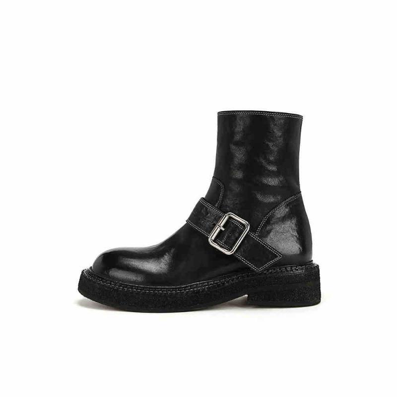 ~ [] Wang Fried Edition~ Washed Shrink Leather Grain Side Zipper Fleece Locomotive Short Boots Women's Martin Boots