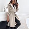2025 European & American Women's Fashion Lace-Up Hooded Lapel Long Sleeve Coat for Autumn & Winter