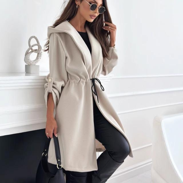 2025 European & American Women's Fashion Lace-Up Hooded Lapel Long Sleeve Coat for Autumn & Winter