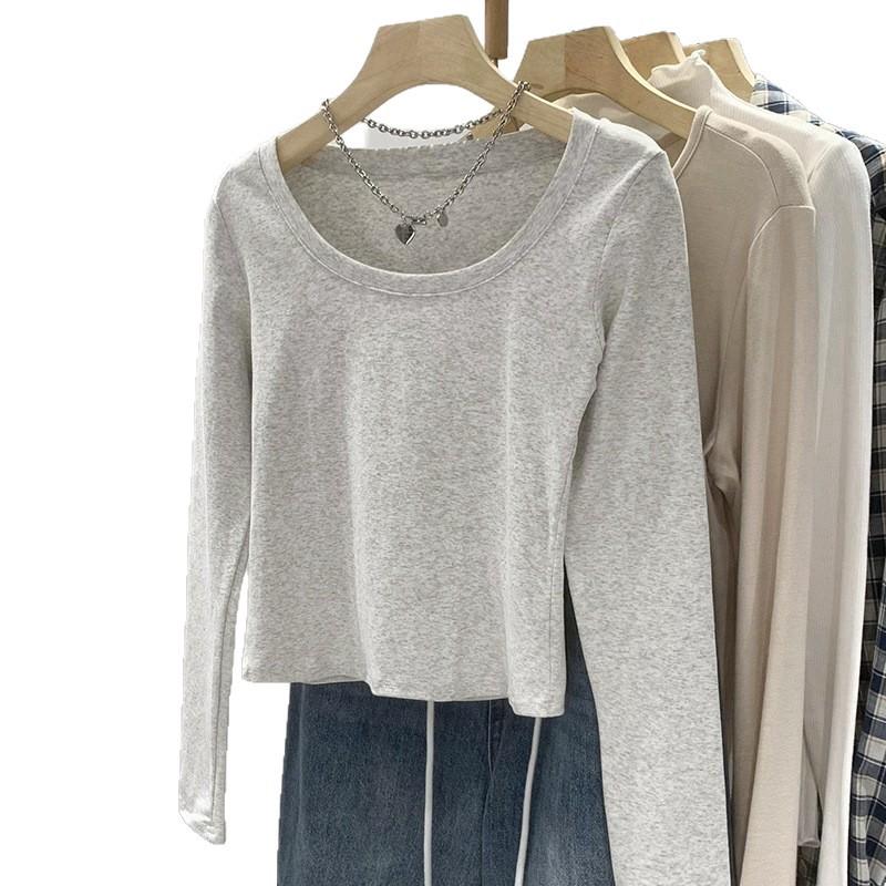Women's Slim-Fit Long-Sleeve Gray U-Neck Cotton Top - New Autumn Solid Color Base Layer