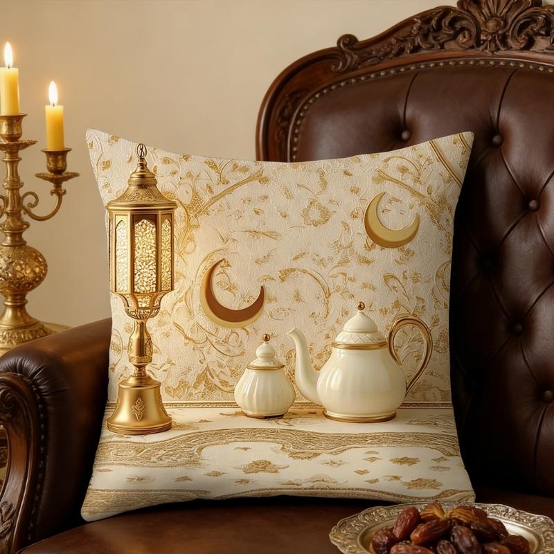 Soft Short Plush Cushion Cover Gold Moon Ethnic Festival Print 45x45cm Standard Size for Home Decoration