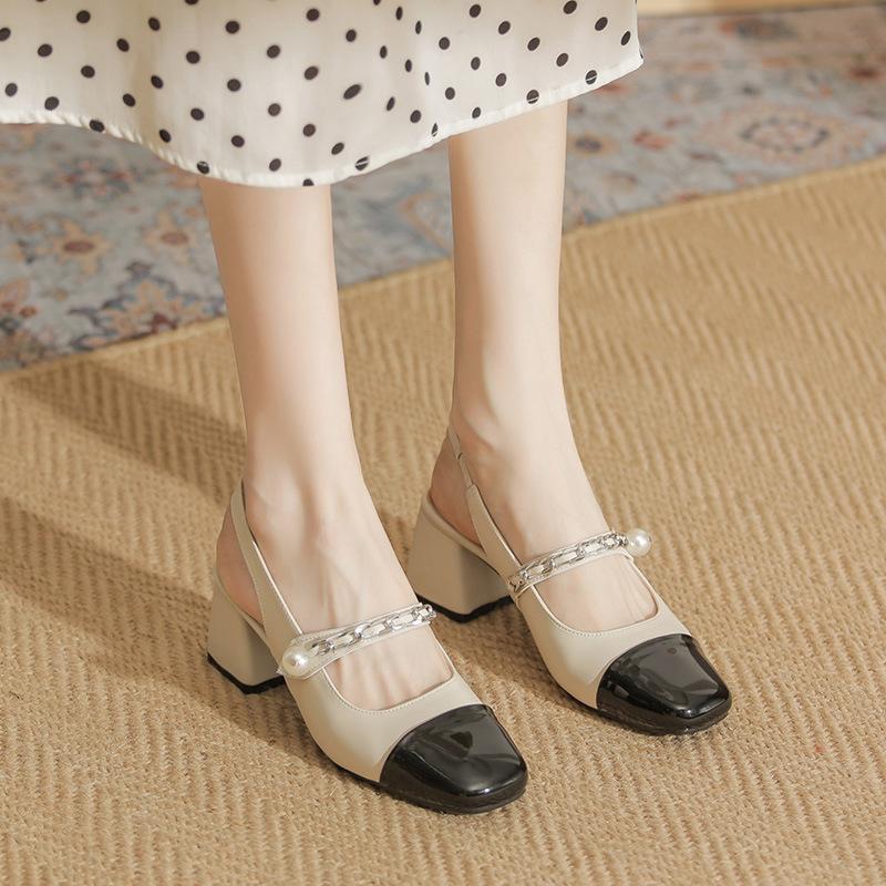 Autumn and winter fashionable and elegant square head shallow mouth splicing medium heel single shoes thick heel casual commuter work shoes women