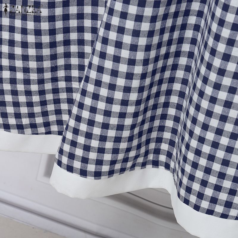 ZANZEA Women Plaid Print Casual Round Neck Short Sleeve Dress