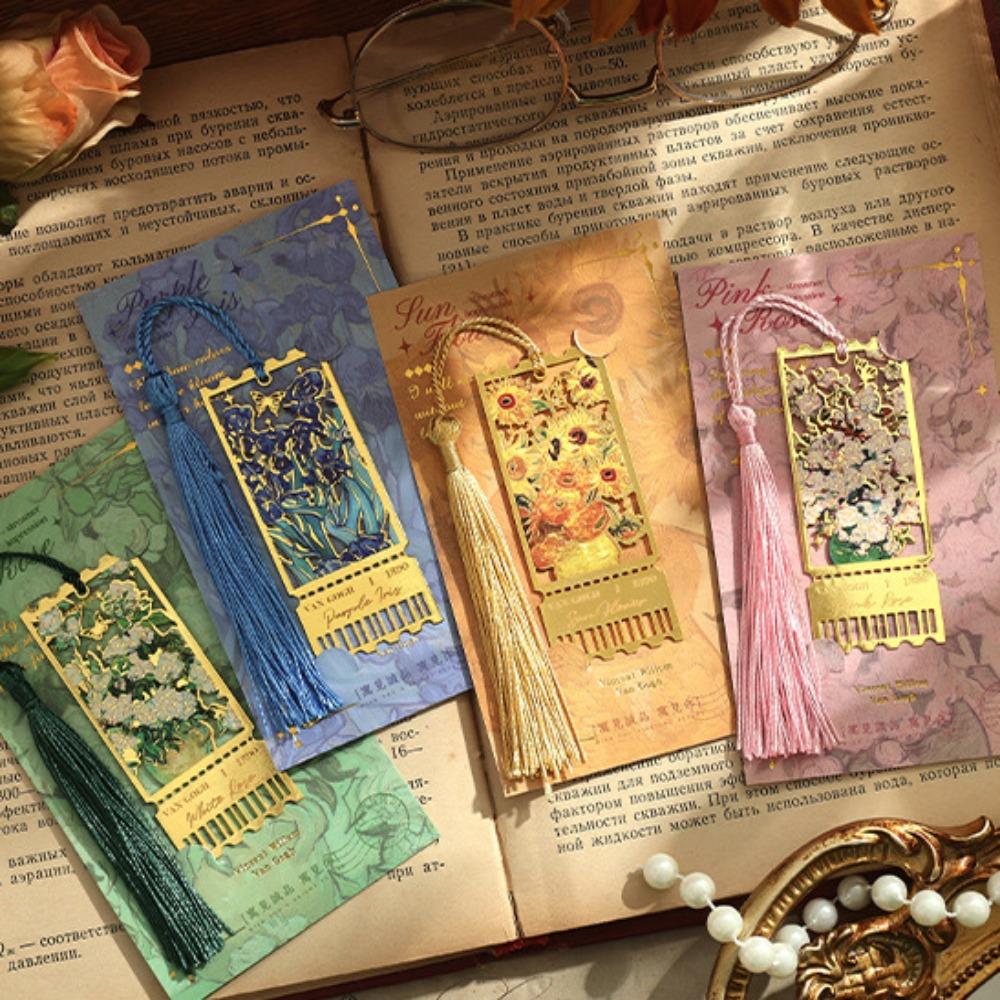 Retro Metal Metal Bookmark Oil Painting Style Famous Painting Floral Painting Bookmark Tassels Stationery Book Clip Teacher