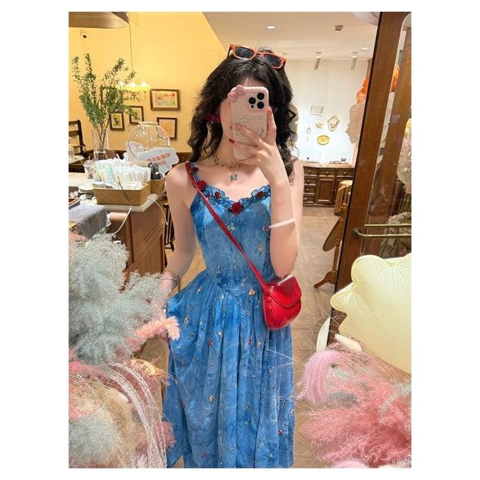 Blue French vacation summer suspender dress new beautiful waist pinch retro gentle long dress floral skirt S синий