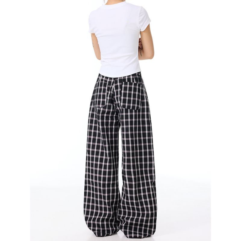Zhao Silu's Same Style American Retro Black and White Checkered Casual Pants, Unisex Wide-Leg Floor-Length Pants with a Relaxed and Laid-Back Feel