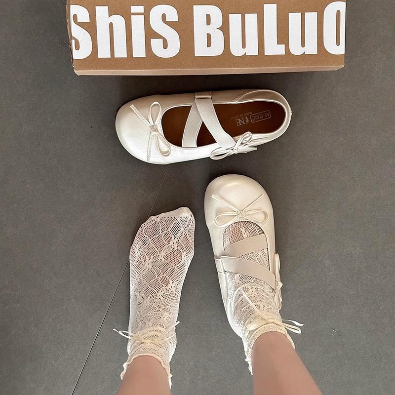 Bow Inner Heightening Ballet Flats Spring Round Head Mary Jane Cross Strap Single Shoes Velcro Women's Shoes