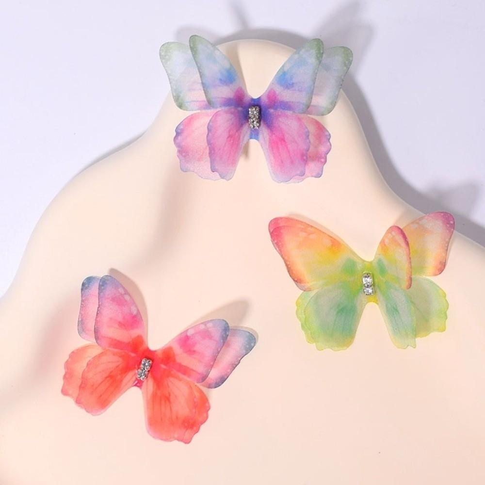 50Pcs 3D Organza Fabric Butterfly Appliques Rhinestone Gradient Color Chiffon Butterfly Embroidered Patches Double-layer