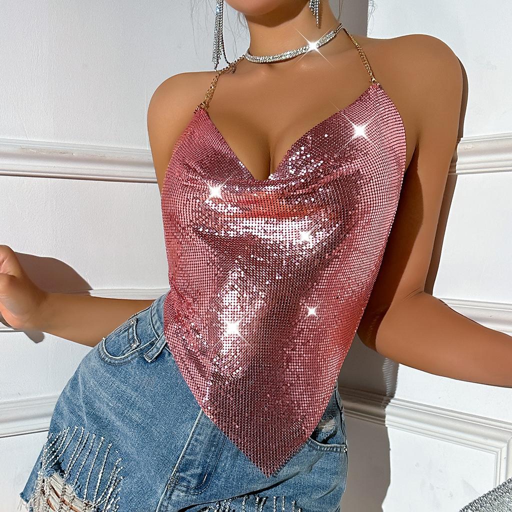 Top Argintiu cu Paiete pentru Femei, cu Gât Halter și Spate Decoltat cu Lanț, Crop Top din Plasă Strălucitoare, Bandană Top pentru Petrecere, Club, Ieșire în Oraș
