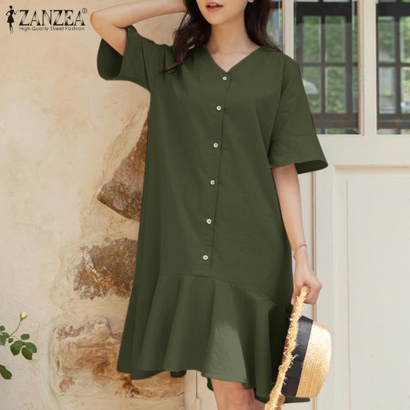 

ZANZEA Женское повседневное свободное летнее платье с v-образным вырезом и короткими рукавами