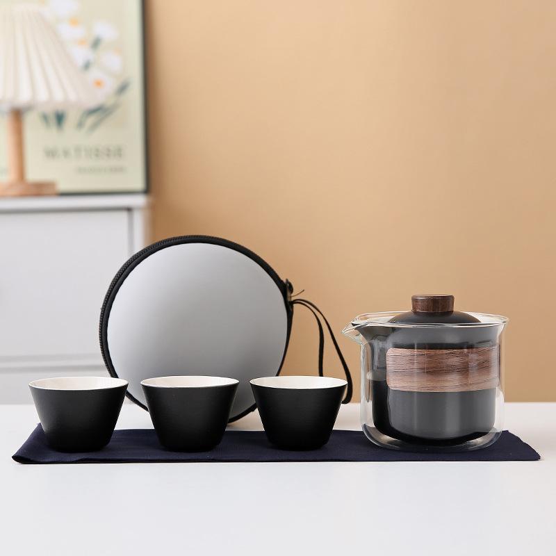 Ceramic coarse pottery portable travel tea set, small outdoor express cup souvenir business gift