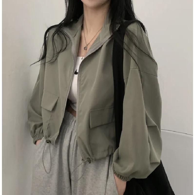 Vintage workwear drawstring short baseball jacket coat for women with a high-end, niche outerwear design