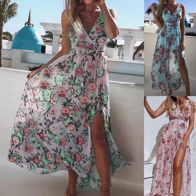 Women's Fashion Summer Deep V-neck Sleeveless Printed Dress Long Dress