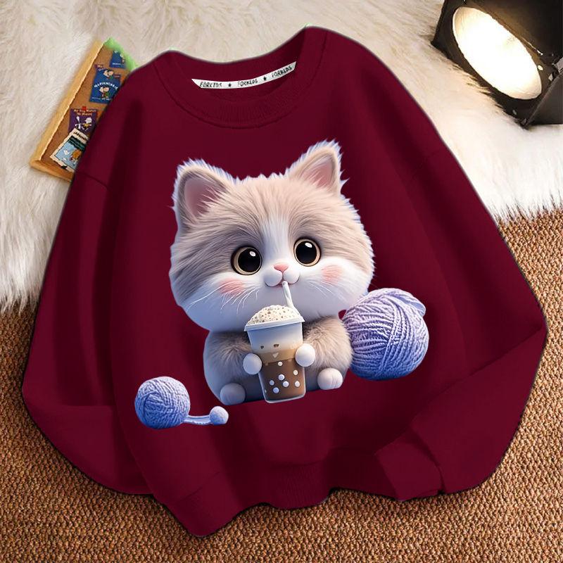 Cute Milk Tea Cat Round-neck Sweatshirt for Children, Fashionable Long-sleeved Casual Sweatshirt for Boys and Girls in Spring and Autumn