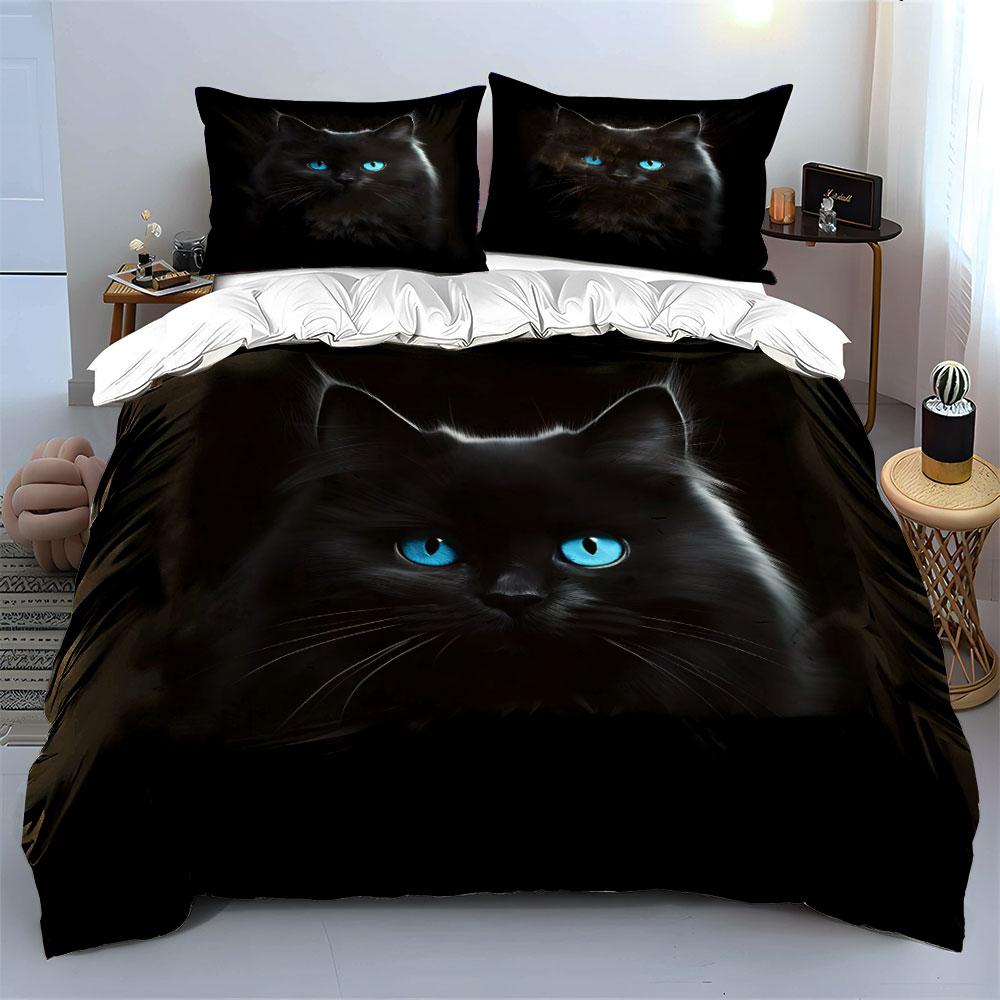 Black Cat with Blue Eyes Set Bedding Duvet Cover Set Duvet Cover Pillowcases (1 * Duvet Cover 2 * Pillowcases, without duvet insert)