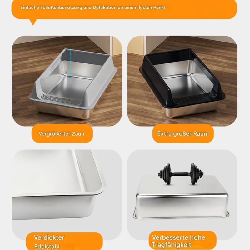 Large Half Enclosed Cats Litter Pan Stainless Steel AntiSplash Design Ventilation Litter Tray for Indoor Outdoor Cats