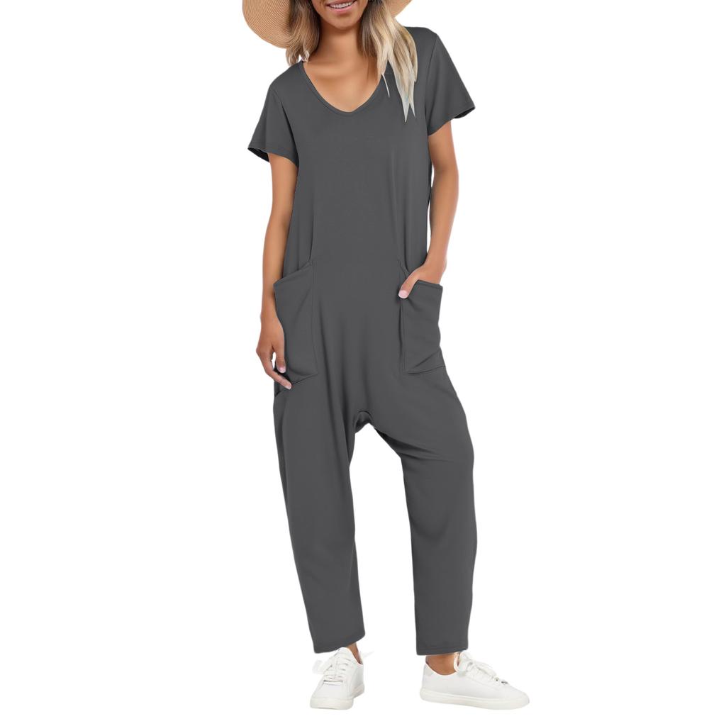 Women's Casual Short Sleeve High Waist Pockets V Neck Loose Jumpsuits Long Pants Wide Rompers