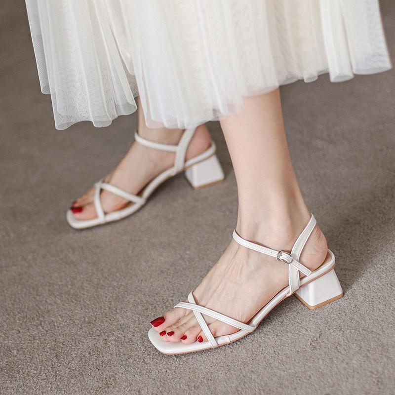 Fhanchu Damesandaler med myk såle, Mote Firkantede Høye Hæler Sommersko Ankelspenne, Åpen Tå, Svart, Beige, Dropship