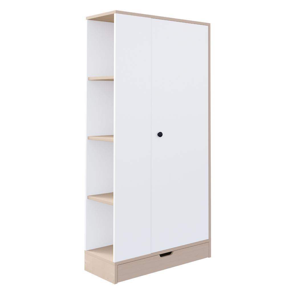 Wardrobe 70*40*170cm, Single-Door Design, with Shelves and Drawers, Natural Wood Color + White (Old SKU: LDB00308AAN)