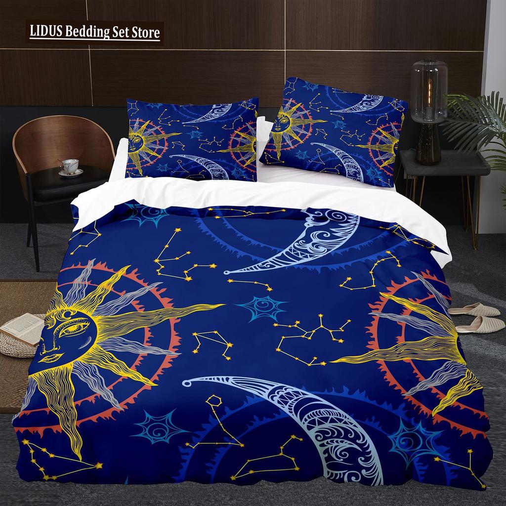 Antik Güneş Ay Nevresim Takımı King Queen Boyutu Mor Leylak Rengi Renkli Galaksi Psikedelik Boho Mandala Polyester Yatak Takımı