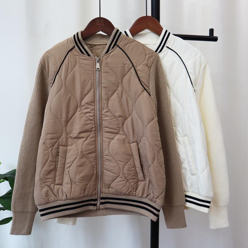 Autumn and winter new contrasting color zipper splicing cotton clothes knitted cardigan loose casual versatile sweater jacket women