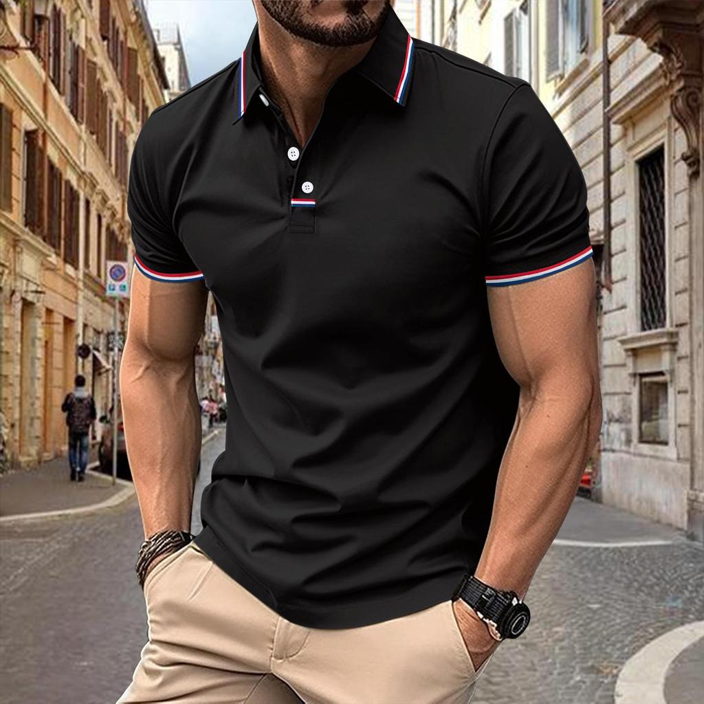 New Men's Casual POLO Shirt Lapel Collage Pull Stripes Button Business Solid Colour T-shirt Tops
