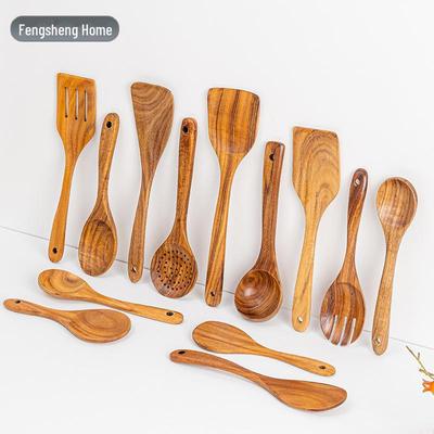 Thailändsk Teak Akaciaträ Rissked & Non-Stick Stekpannespade Set med Långa Skaft.