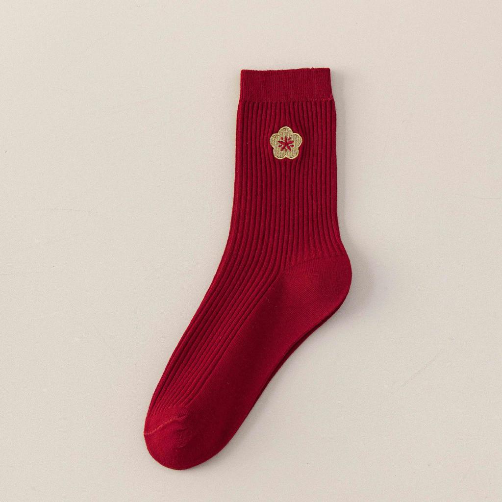 Big Red Socks New Year'S Red Socks Medium Tube Sweat-Absorbing Cotton Socks Embroidered Versatile Year Of The Horse Double Needle Stacking Socks