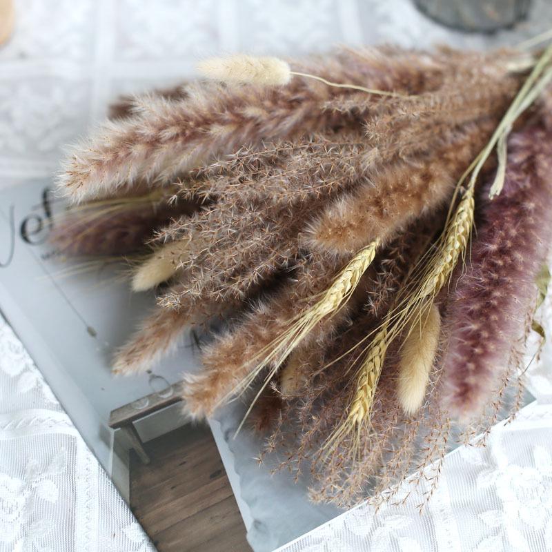 Nordic Style Mixed Dried Flower Bouquets with Reeds, Dusters, Golden Balls, and Lagurus Ornaments for Home Decor.
