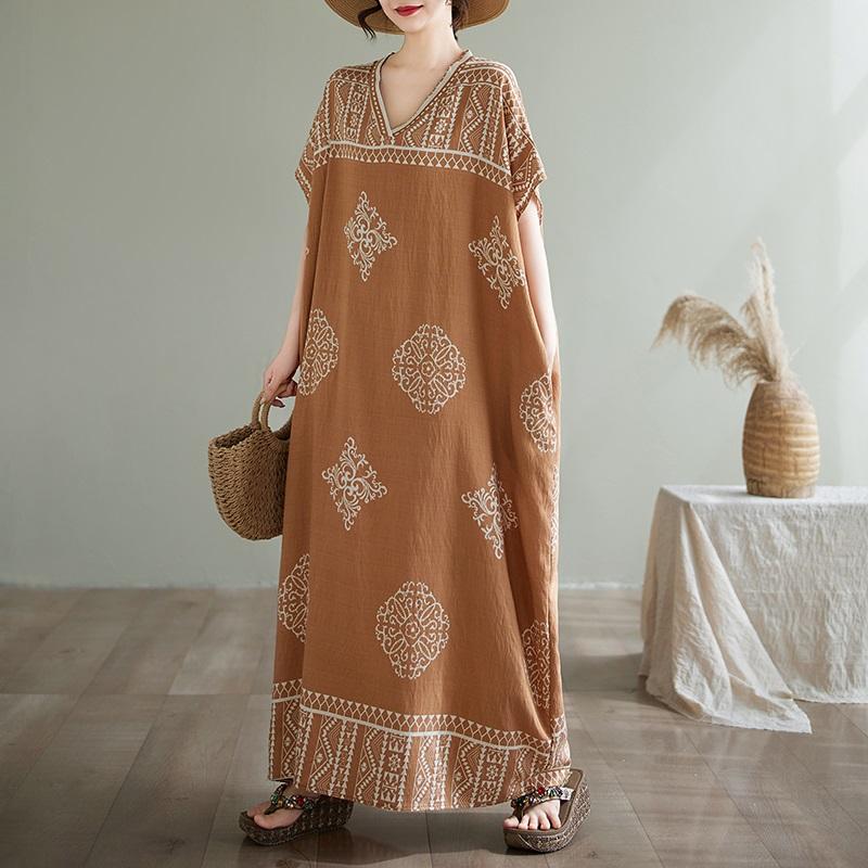 Krátký rukáv Plus size Bavlněné vintage květinové nové šaty pro ženy ležérní volné dlouhé letní šaty