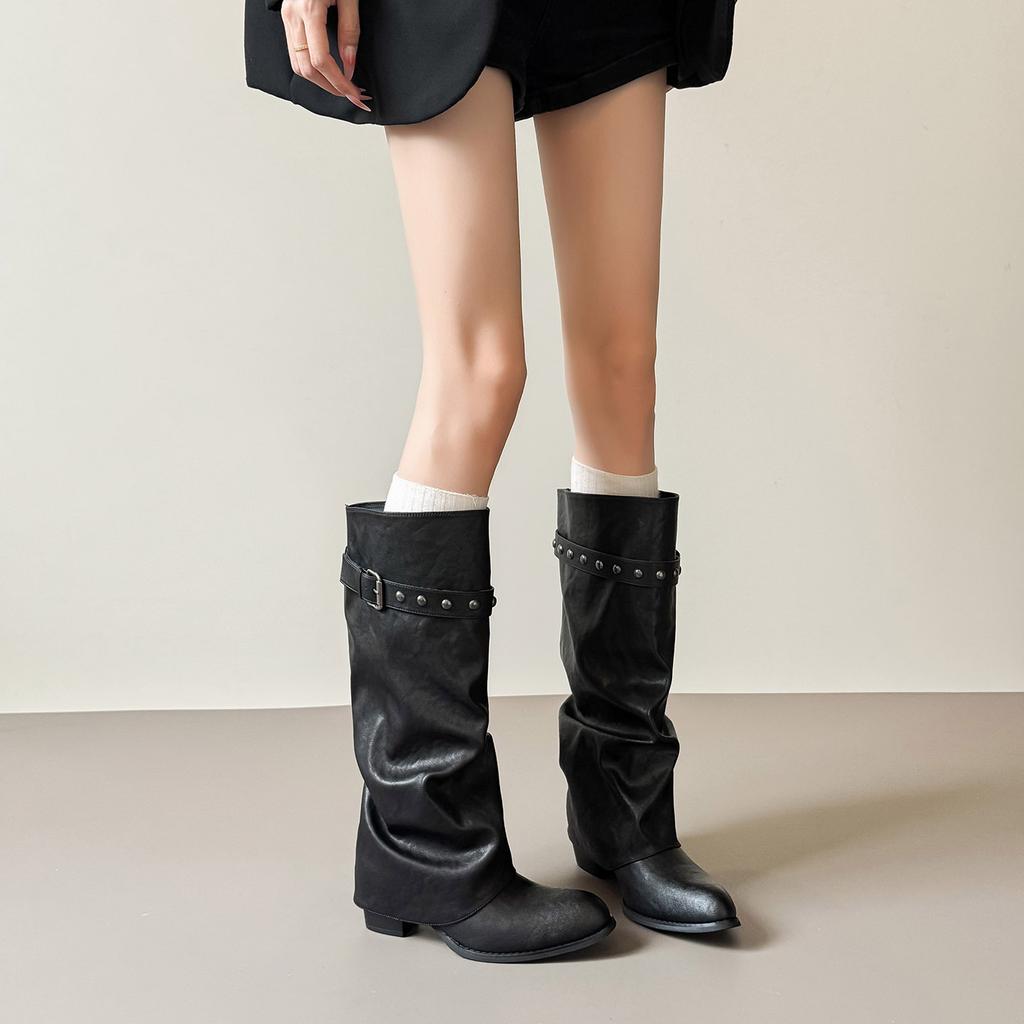Pointed boots women's versatile black rivets pleated pile belt buckle large tube circumference trouser tube niche high tube knight boots