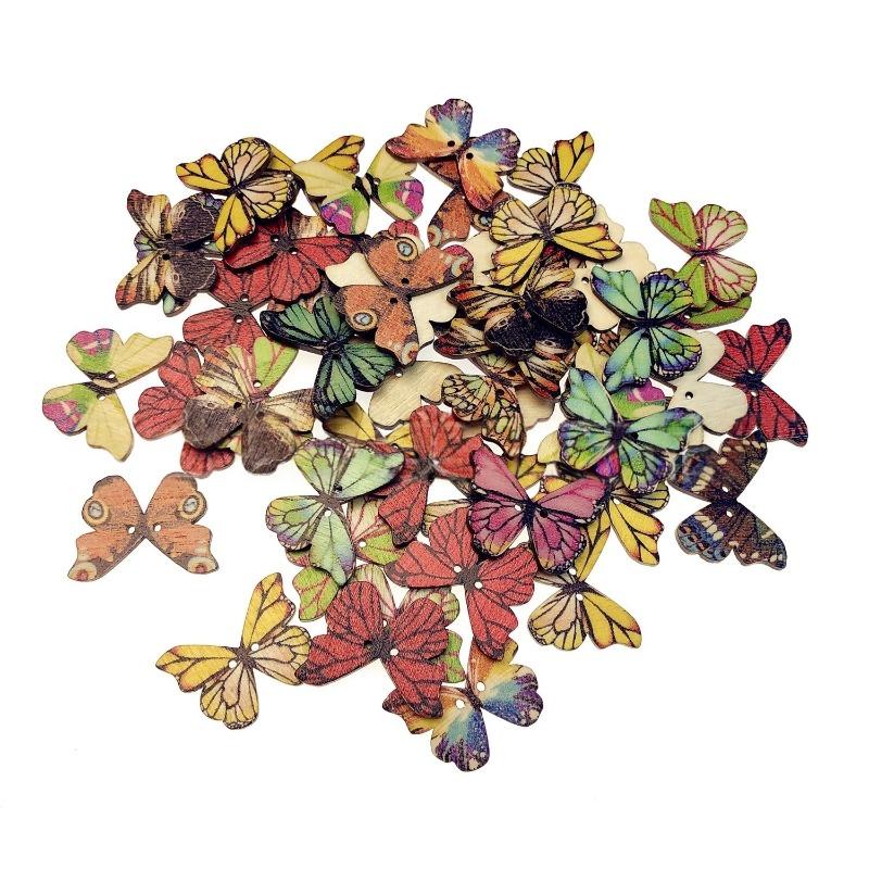 50Pcs 25mm Butterfly Wooden Buttons Colorful 2 Holes Mixed Decorative Buttons for DIY Sewing&Wood Craft Clothes Accessories