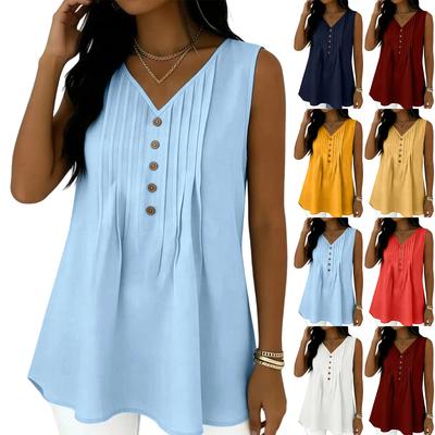 Women's V-Neck Pleated -Color Sleeveless Top — Casual Vacation- Vest